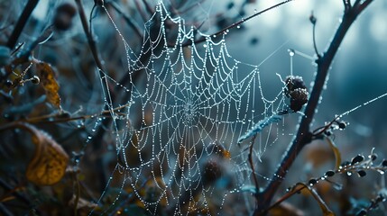 Nature's Jewelry: Raindrops Adorning a Dewy Spider's Web




