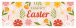 Happy Easter horizontal banner template. Design with cute bunny, flowers and leaves around.