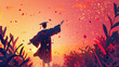 Ilusstration of  silhouette of a graduate with arms thrown up. orange background. Copy space. University student celebrate education success at graduation ceremony. Education day and academic concept.