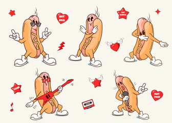 Wall Mural - cartoon character of hot-dog ,groovy retro food street , rock star hot-dog	