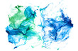 Blue and green marbled watercolor paint stain on white background.