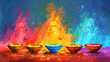 Holika Dahan Ritual - Artistic depiction of the ceremonial bonfire for Holika Dahan, with bowls of vibrant colors symbolizing joy and renewal