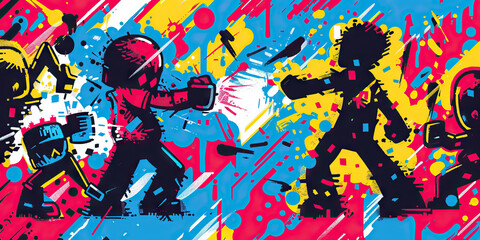 Wall Mural - Virtual Confrontation: Digital Showdown. Cybernetic fighters in a virtual confrontation. Digital avatars engage in a virtual duel. Futuristic combat scene