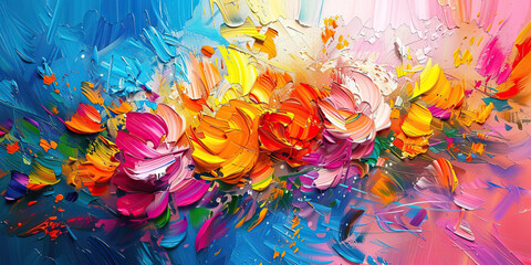 colorful chaos: abstract oil paint strokes and flowers. vibrant abstract background with a burst of 