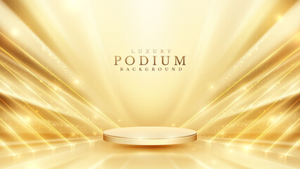 Wall Mural - Luxury Podium Background .Empty circular stage bathed in golden spotlight beams with sparkling particles, ideal for product display.