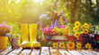 Bright garden scene with bright yellow rubber boots, colorful potted flowers and a watering can set on a wooden table bathed in warm sunlight