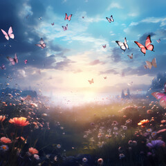 Sticker - A dreamy meadow with floating butterflies.