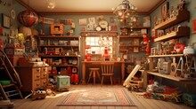  A Vintage Toy Store With Wooden Rocking Horses, Porcelain Dolls, And Shelves Filled With Classic Board Games
