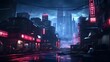  a virtual post-apocalyptic cityscape with makeshift shelters and neon signs
