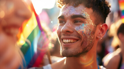 Candid young man celebrating gay pride LGBTQ festival in a queer crowd with rainbow pride flags copy space	
