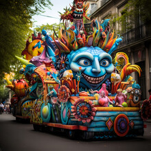 A Lively Street Parade With Colorful Floats. 