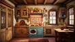  a traditional Russian dacha kitchen with hand-painted tiles, wooden cabinets, and a traditional Russian oven for baking
