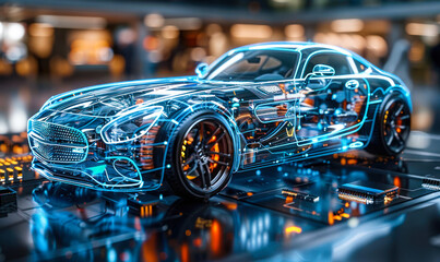 Poster - transparent high-tech automobile design showcasing internal mechanics and technology systems, repres