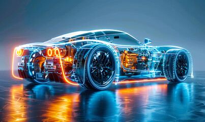 Poster - transparent high-tech automobile design showcasing internal mechanics and technology systems, repres