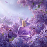 Fototapeta Miasto - A women's glass perfume bottle stands near a bouquet with lilac twigs in the garden, syringa flower with petals, 3D aerial frame, empty space for textadvertising banner