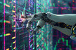 Close-up of a robot's mechanical fingers delicately manipulating colorful data nodes against a backdrop of digital charts