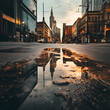 Surreal scene of a cityscape reflected in a puddle