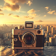 Sticker - Vintage camera capturing a sunrise over a city.