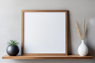 Poster - Blank mock up poster frame on wooden shelf against concrete wall