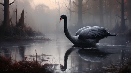 Wall Mural - Tranquil lake scene graceful black swan gliding peacefully with ample copy space