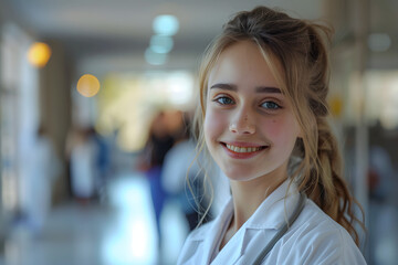 Wall Mural - smiling girl doctor in white doctor robe on a blurred background in the hospital hall