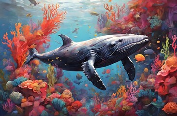 Wall Mural - An illustration of humpback whale swims along the colorful corals