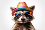 Fototapeta  - Funny party raccoon wearing colorful summer hat and stylish sunglasses isolated over white background