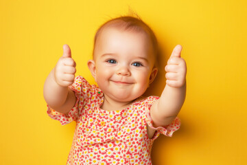 Poster - a baby thumbs up on solid color background.