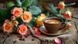 bright roses and coffee stands on the table