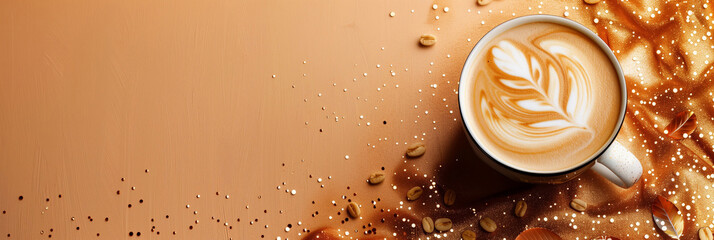 Horizontal banner with a cup of latte coffee and empty space for text. Concept coffee drink background design. Raster bitmap digital illustration. 