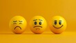 © Christian - Three yellow smiley faces in one picture, one serious, one sad and one laughing, yellow background, copy space, 16:9
