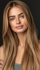 Wall Mural - Stylish blonde woman with long flowing hair on dark background, beauty and hair care concept