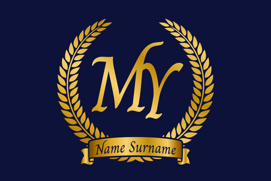 Initial letter M and Y, MY monogram logo design with laurel wreath. Luxury golden calligraphy font.