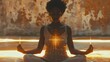 © Miriam - Photo of Black Woman Meditating, seated in lotus pose, silhouette, glowing aura, photograph, studio, new age, spiritual, concept, healing, copyspace, graphic resource, background, backdrop, AI