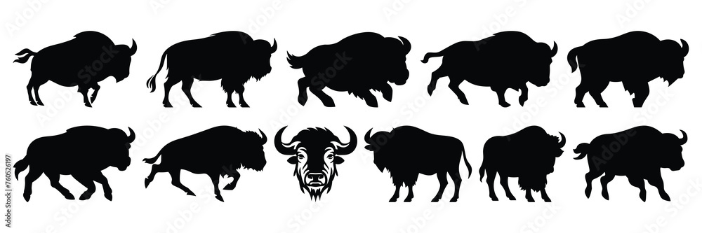 Bison buffalo silhouettes set, large pack of vector silhouette design ...