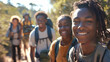 A group of black teenagers doing hiking activities, portraits of black teenagers on a background of mountains and sky, lifestyle concepts, activities