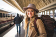 Young woman traveler on the platform of the railway station