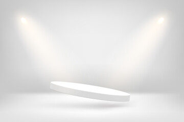 Poster - White interior with spot lights and flying empty pedestal. 3d vector illustration