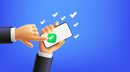 Poster - Man using social mobile phone, pressing check button. 3d vector banner with copy space