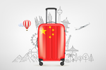 Poster - Plastic travel bag with chinese flag and famous world sights. 3d vector concept