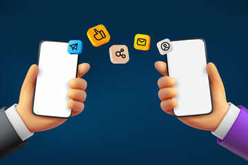 Aufkleber - Receive social media content  with two smartphones. 3d vector illustration