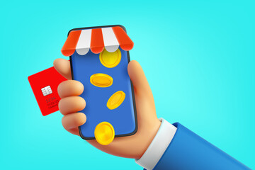 Aufkleber - Man using mobile phone for making purchases online. 3d vector concept