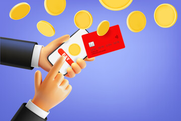 Aufkleber - Man using smartphone to pay via internet. 3d vector illustration