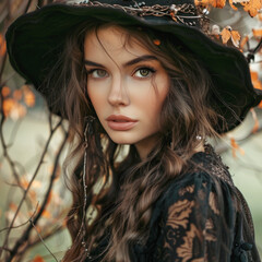 Beautiful female in witch dress at the forest