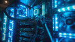 Illuminated interior of a modern computer case showcasing hardware components with neon blue lights and cables connecting parts like the motherboard, RAM, and graphics cards.