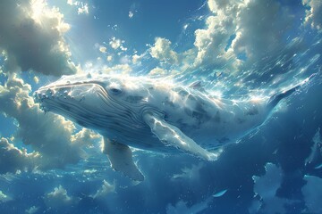 Wall Mural - Humpback Whale Swimming Under Cloudy Sky