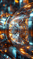 Canvas Print - Intricate Turbine Engine Close-up View - A highly detailed close-up of a futuristic turbine engine with illuminated parts capturing the complexity of machinery