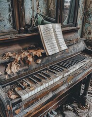 An old piano with broken keys, the music sheets on it have been torn off and thrown away, in an abandoned living room with natural light
