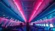 Stylish image of an airplane interior bathed in soft neon lighting with rows of seats