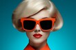 Clockpunk heistcore  woman in bold orange with blue hair   sunglasses, hyperrealistic illustration
